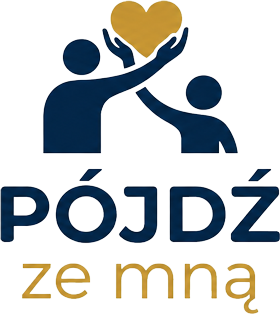 Dwie sylwetki unoszące serce, napis: Pójdź ze mną w kolorach granatowym i złotym.